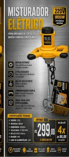 Misturador Elétrico Profissional 220V 1800W para Argamassa, Tinta e Gesso