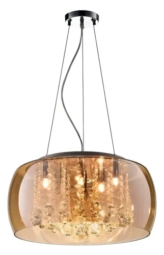 LUSTRE COM CÚPULA AMBAR E PENDENTES DE CRISTAL 