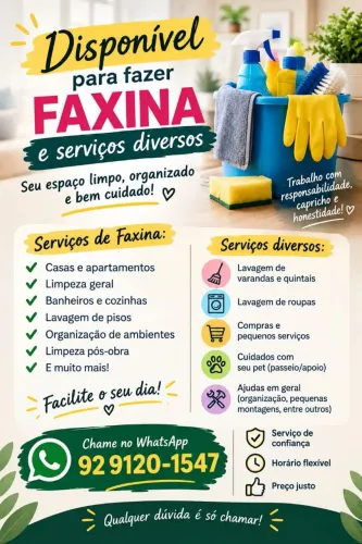 Faxineira ,cuidadora, de idoso, babá  e posso ayuda  com seu cachorro 