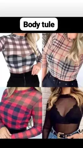 Body tule manga longa xadrez e várias cores e estampas 