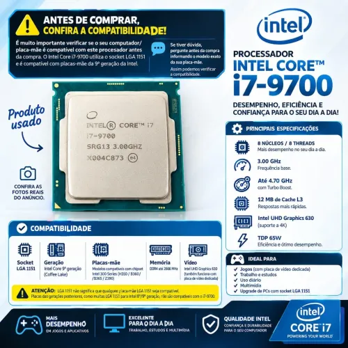Intel Core i7 9700 9° geração 8 Núcleos/ 8 Threads