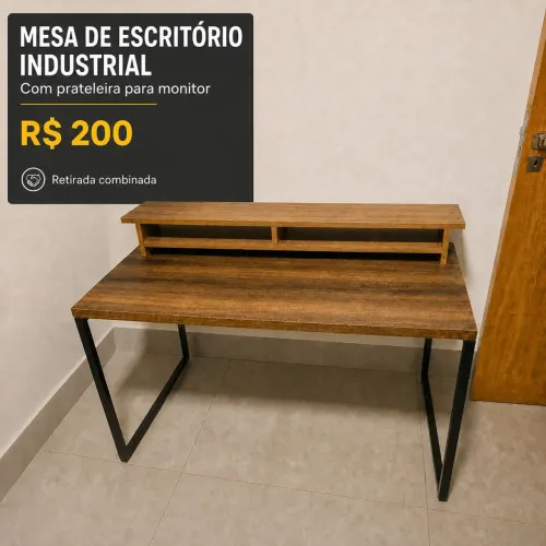 Mesa de Escritório Industrial com Prateleira para Monitor