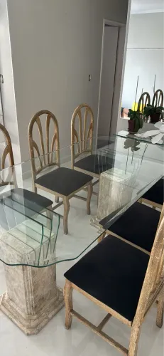 Mesa de Jantar - 6 cadeiras - base de mármore travertino