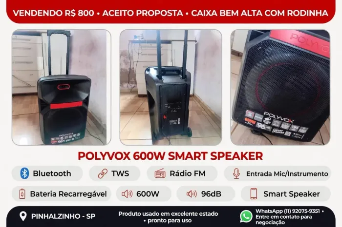 Caixa Polyvox 600W Bluetooth - Bateria e Rodinhas