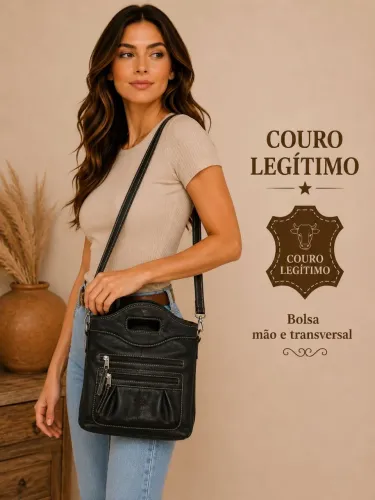Bolsa Feminina Preta em Couro Legítimo | Mão e Transversal 