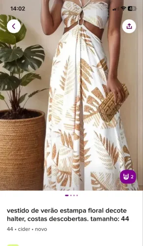 Vestido de verão estampa floral decote halter, costas descobertas. Tamanho: 44