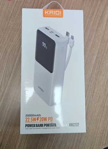 Carregador Portátil Power Bank KRIDI 20000mAh Turbo com Cabos Embutidos e Display LED