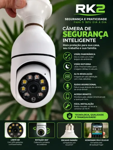Lâmpada Câmera Wi-fi, V360, Alarme, Áudio, Visão Noturna.
