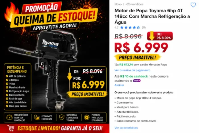 MOTOR DE POPA GASOLINA 6HP 4T COM MARCHA REF AGUA