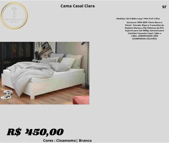 Cama de casal modelo Clara, com estrutura 100% MDP e painel resistente.
