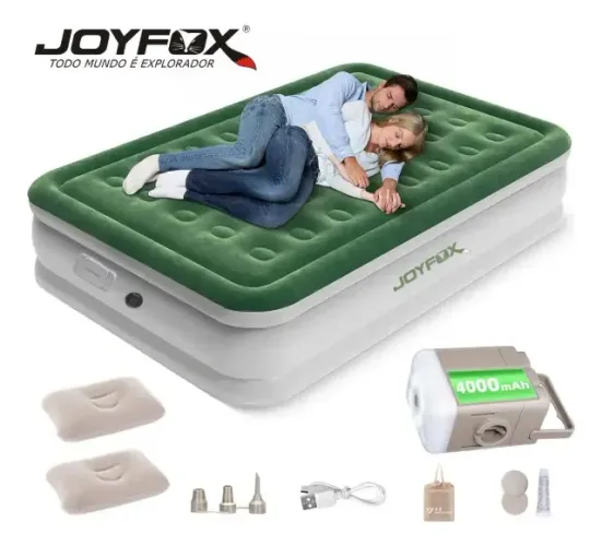 (69) Colchão Inflável Queen Joyfox 203x152x40 cm com Inflador, 2 Travesseiros e Bolsa