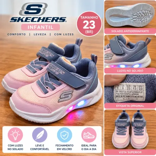 Tênis Skechers Infantil S-Lights com LED Colorido - Rosa e Cinza - Nº 23