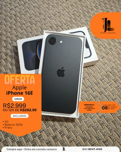IPHONE 16E, 5G, 128GB, PRETO, BAT 100%, SEMINOVO NA GARANTIA , EXCLUSIVO!
