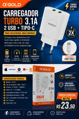 CARREGADOR DE TOMADA DUPLO TURBO+CABO