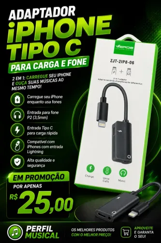 Adaptador iPhone - tipo C carga e fone