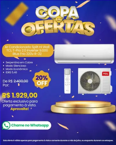 Ar Condicionado Split Hi Wall TCL T-Pro 2.0 Inverter 9.000 BTUs Frio 220V R-32