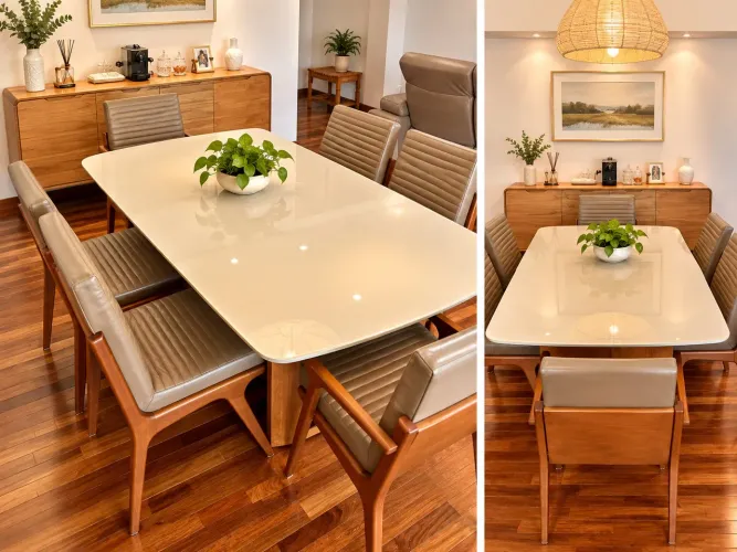 Mesa de Jantar 1,80m x 1,00m em Madeira Maciça com Tampo de Vidro Off-White