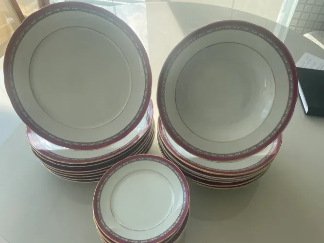 24 lindíssimos pratos Schmidt rosa com dourado . 8 pratos fundo, 8 rasos e 8 sobremesa. 