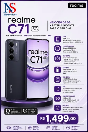 Realme C71 5G 256GB 08GB Versão global Proteção IP64 Processador MediaTek Dimensity 630