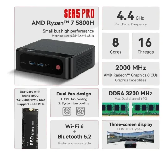 Mini PC Beelink Ser5 Pro AMD Ryzen 7 5800H 32Gb RAM 500 Gb NVme