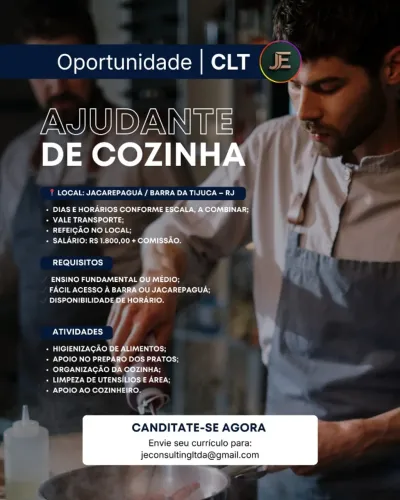 AJUDANTE DE COZINHA - BARRA E JACAREPAGUÁ