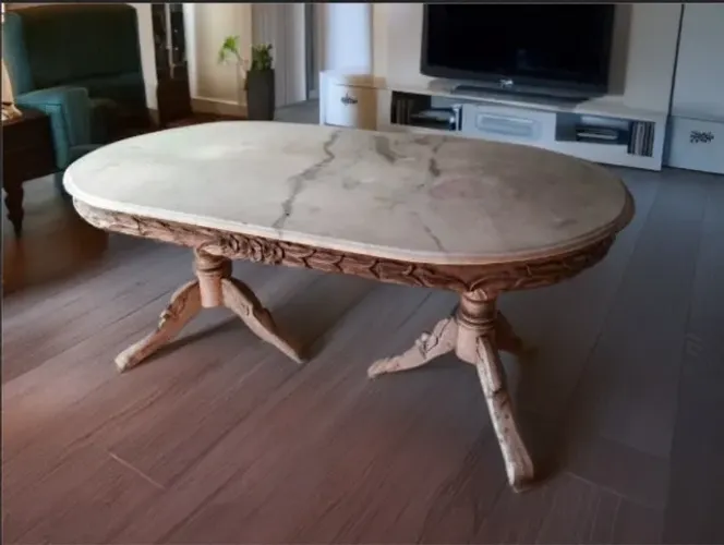 Mesa de jantar em jacarandá, entalhada, com tampo de mármore-veja o vídeo