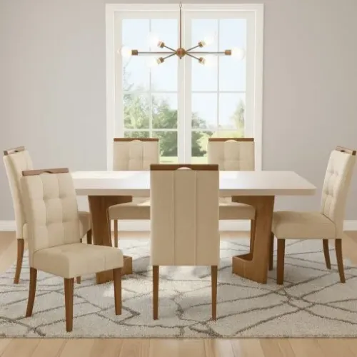 Mesa Liz 160 (Tampo 40 mm) Cinamomo/Off White com 6 Cadeiras Sophia Linho Bege 200 - VALDE