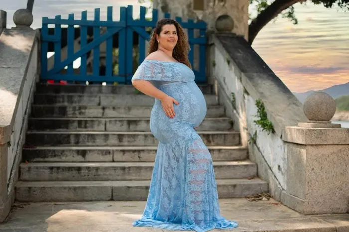 Vestido de Gestante 2 em 1 longo azul para ensaio