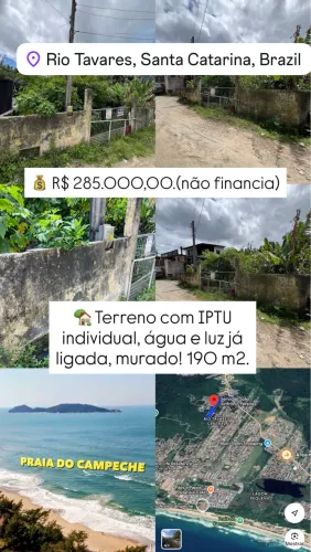 Terreno no Rio Tavares, IPTU individual, água e luz ligada.