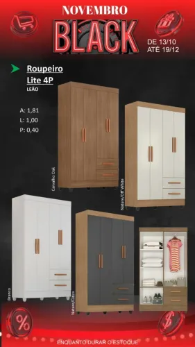 Guarda Roupa Solteiro LITE 4P 2G COM PÉS - R$ 649,00