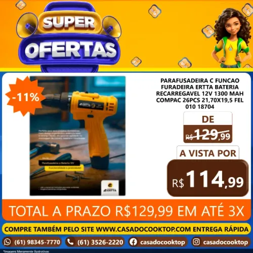 PARAFUSADEIRA C/ FUNCAO FURADEIRA ERTTA BATERIA RECARREGAVEL 12V 1300 mAh 26PCS 18704