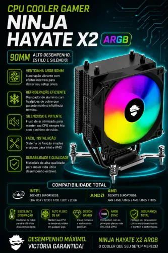 CPU Cooler Gamer Ninja Hayate X2 ARGB, 90mm, Intel & AMD (NOVO/LACRADO!)