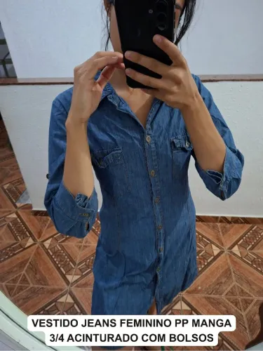 Vestido Jeans Feminino PP Manga 3/4 Acinturado com Bolsos