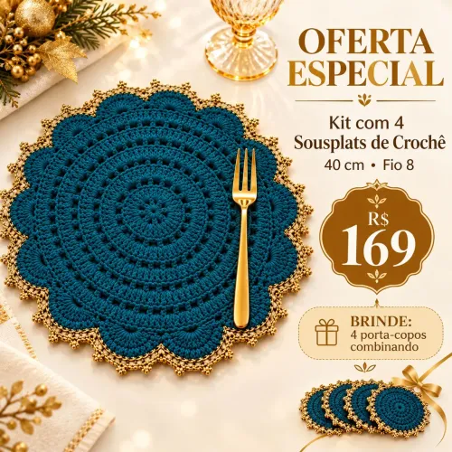 Kit 4 Sousplats de crochê Luxo + brinde