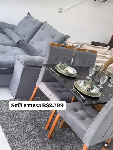 Sofá Retrátil e Reclinável 2 Módulos + Mesa de Jantar com Tampo de Vidro e 4 Cadeiras