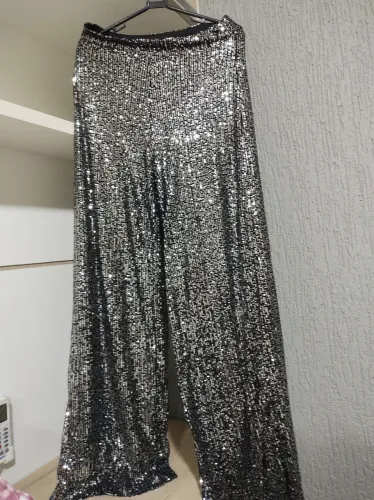 Calça pantalona em paetê cintura alta G