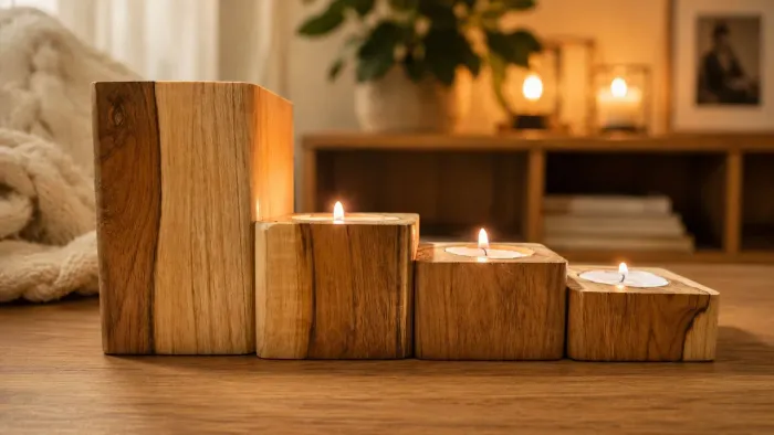 Porta velas rústico. Conjuto de 4. Madeira Maciça Teca. Produto artesanal. Novo. Com velas