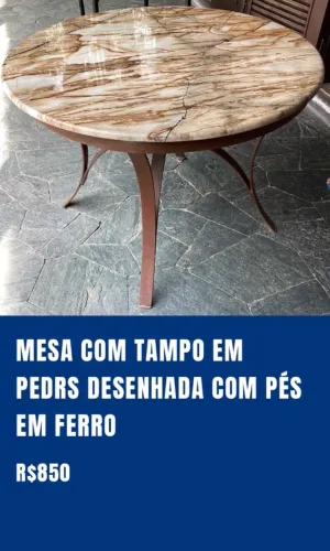 MESA COM TAMPO EM PEDRA DESENHADA E PÉS EM FERRO- 15% DESCONTO ATÉ 17/05