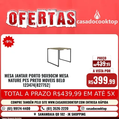 MESA JANTAR PORTO 90X90CM MESA NATURE PES PRETO MOVEIS BELO 123474[827752] 
