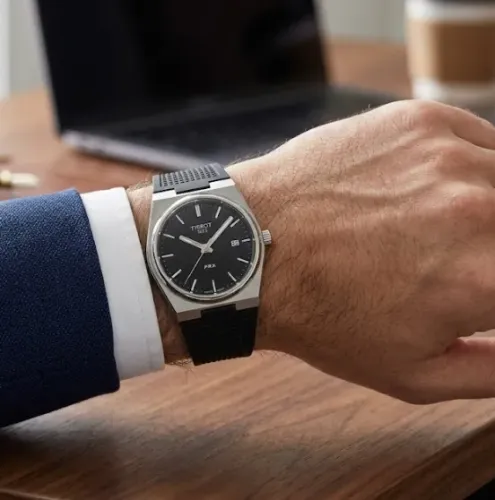 Relógio Suíço Tissot PRX Black Dial Quartz pulseira silicone preta com calendário 