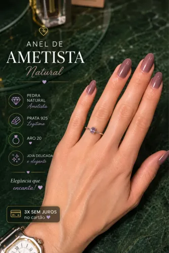 Anel Solitário Prata 925 com Pedra Natural Ametista