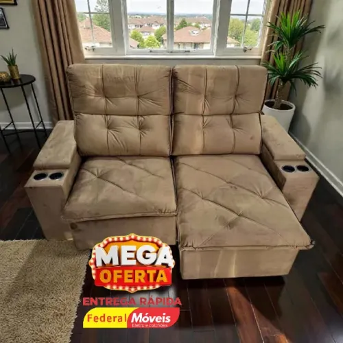 Sofá 2,00m c/ Porta Copos nos Braços Veludo - Promoção!