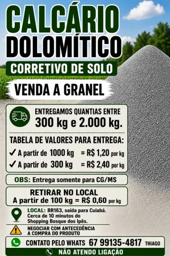 CALCÁRIO DOLOMÍTICO(CORRETIVO DE SOLO).FAZEMOS ENTREGA!!! LEIAM TODA A DESCRIÇÃO ABAIXO