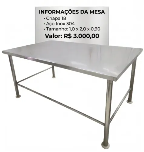 Mesa Inox Chapa 18, Aço Inox 304 1x2x0,9