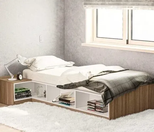 Cama Solteiro com mesa De cabeceira e nichos Canadá Castanho/Branco Politorno