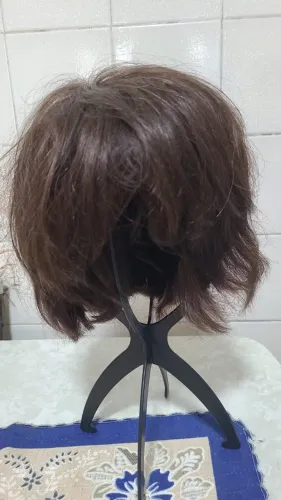 Peruca de Cabelo Humano Natural Castanho, Curta, com Franja - Sem Uso + Suporte