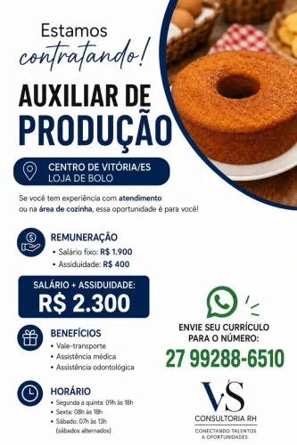 Oportunidade de emprego AUXILIAR DE PRODUÇÃO