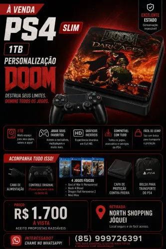 PS4 Slim 1TB + Capa personalizada + Jogos + Acessórios
