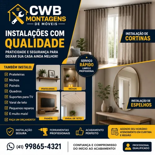 Instalador de espelho, quadros e cortinas, TVs e móveis