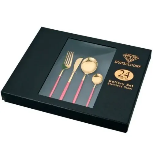 Jogo de Talheres Slim 24 Peças Dourado e Vermelho